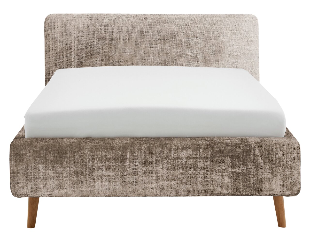 Frontale Ansicht eines Polsterbettgestells mit beigem Stoffbezug und Holzfüßen.