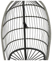 Nahaufnahme eines Hängesessels aus Metallgestell, von vorne betrachtet.