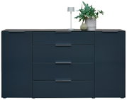 Modern dressoir in donkerblauw met vier lades en twee deuren, versierd met een tafellamp en planten, vooraanzicht.