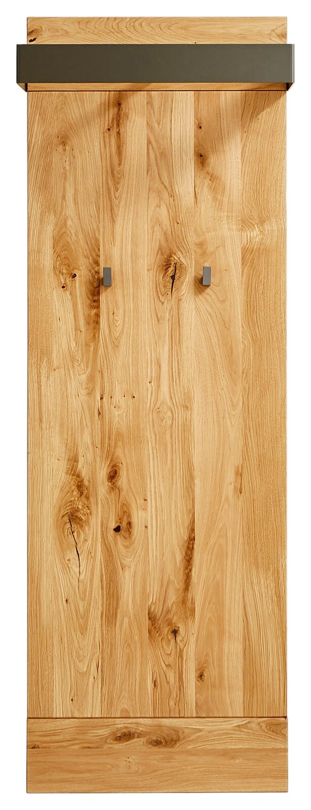 Frontale Ansicht eines schmalen Garderobenpaneels aus Holz mit zwei Haken und einer Ablage oben.