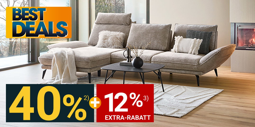 Wohnzimmer mit großem Ecksofa, Couchtisch und Teppich vor bodentiefen Fenstern und Kamin