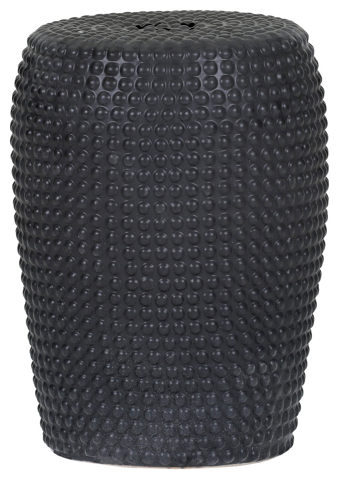 Schwarzer, zylindrischer Hocker/Beistelltisch mit genoppter Oberfläche, freigestellt auf weißem Hintergrund, Frontansicht leicht von oben