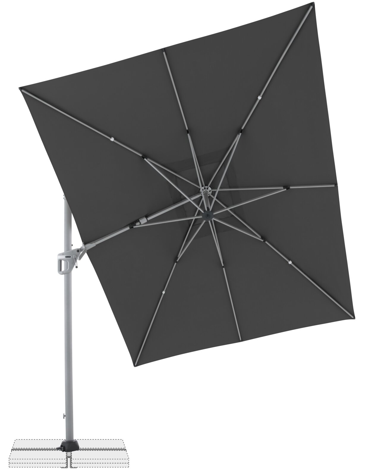Dunkelgrauer Ampelschirm mit Metallgestänge und Mast, Ansicht von unten/innen auf die Schirmunterseite, freigestellt auf weißem Hintergrund