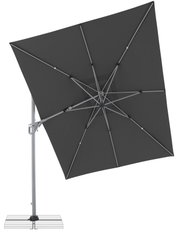 Donkergrijze parasol met metalen stangen en mast, aanzicht van onderaf/van binnen naar de onderkant van de parasol, vrijstaand op een witte achtergrond