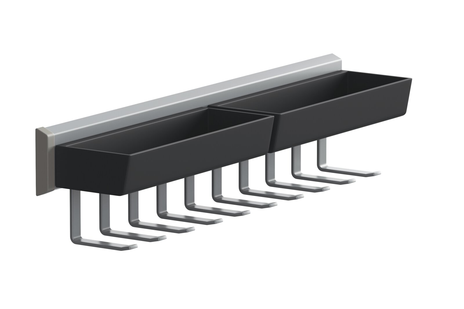 Krawattenauszug mit zwei schwarzen Fächern und mehreren Haken, seitliche Perspektive