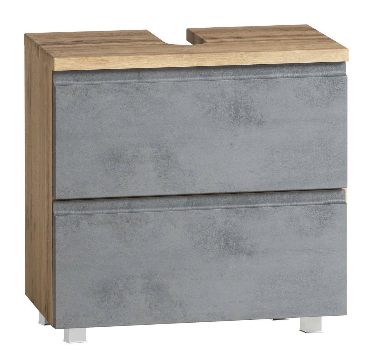 Moderner Waschbeckenunterschrank in Holzoptik mit grauen Fronten, perspektivisch von vorne links fotografiert.