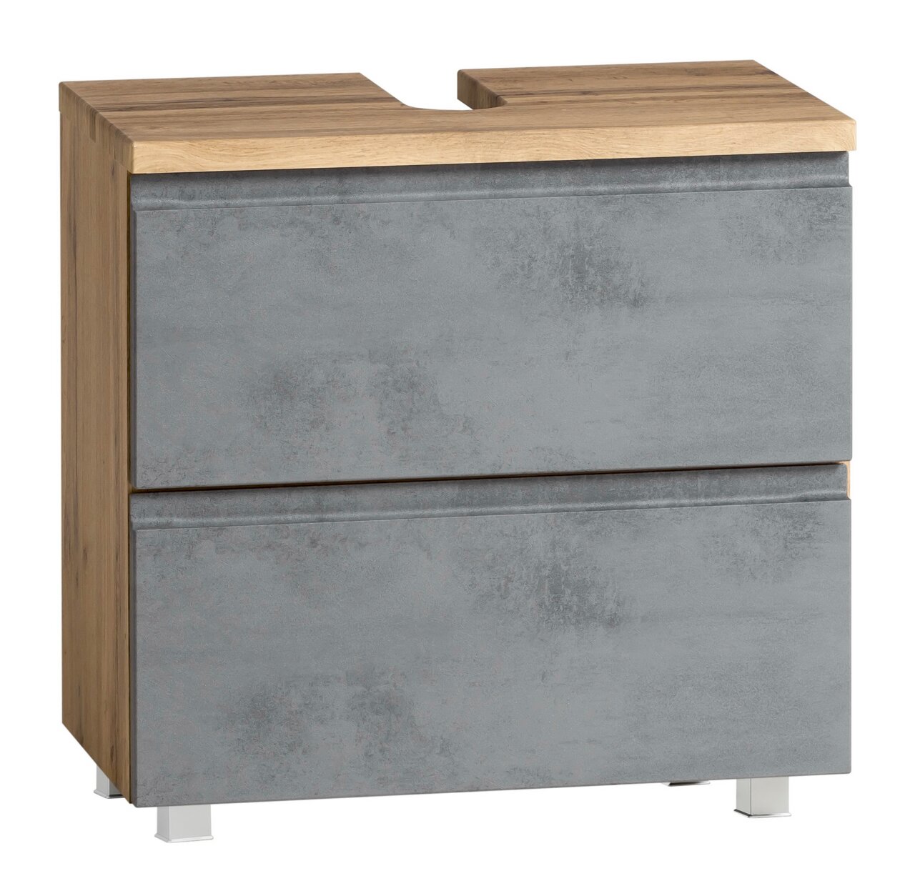 XORA Waschbeckenunterschrank VARESE Moderner Waschbeckenunterschrank in Holzoptik mit grauen Fronten, perspektivisch von vorne links fotografiert.