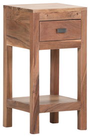 Beistelltisch aus Holz mit Schublade und Ablage, seitliche Perspektive