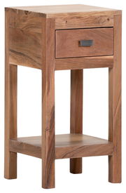 Beistelltisch aus Holz mit Schublade und Ablage, seitliche Perspektive