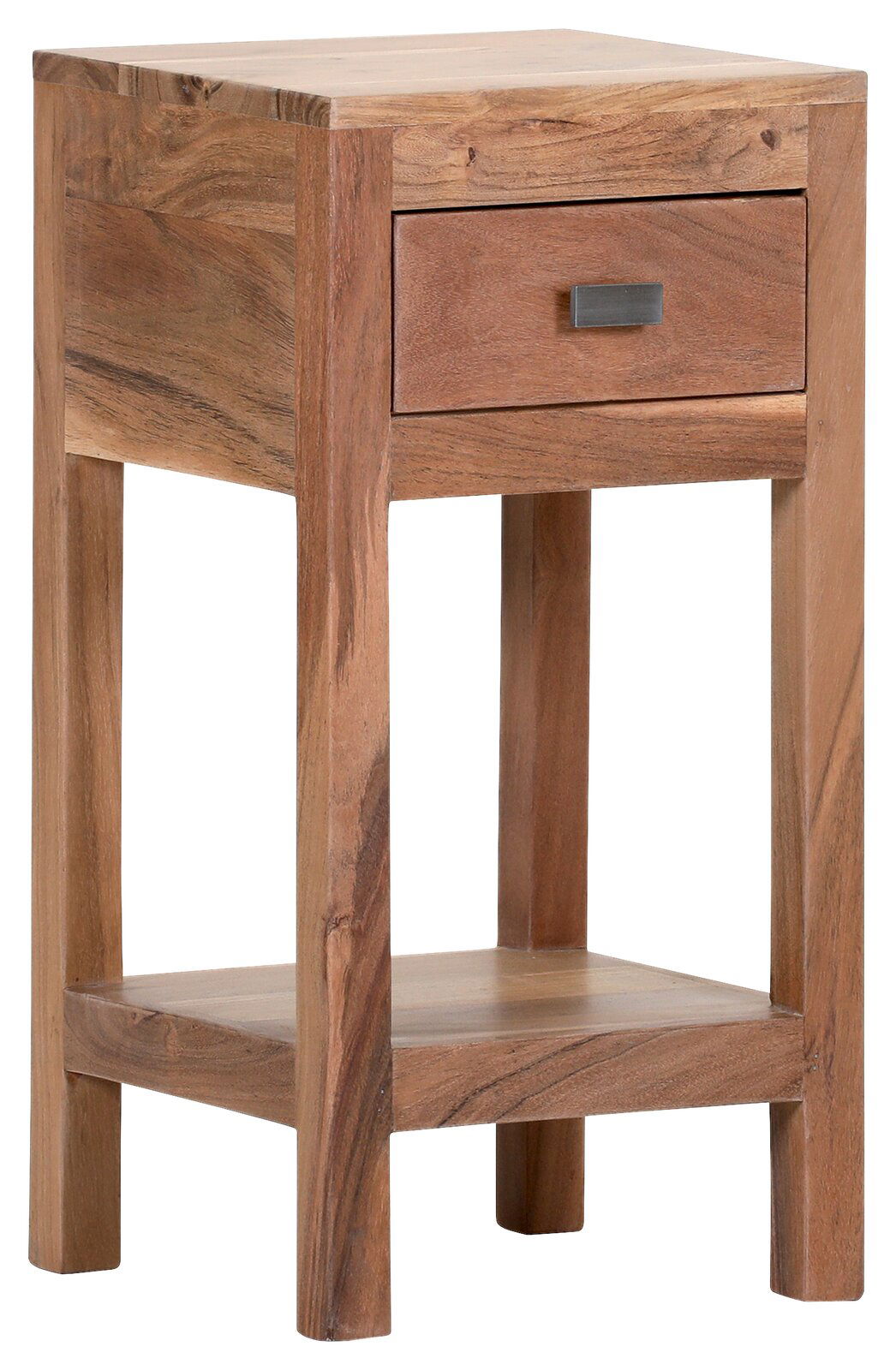 Beistelltisch aus Holz mit Schublade und Ablage, seitliche Perspektive