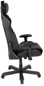 Seitliche Ansicht eines schwarzen Gaming-Stuhls mit verstellbaren Armlehnen und ergonomischem Design.