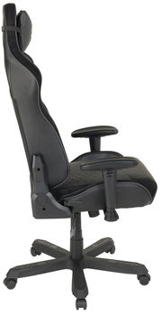 Seitliche Ansicht eines schwarzen Gaming-Stuhls mit verstellbaren Armlehnen und ergonomischem Design.