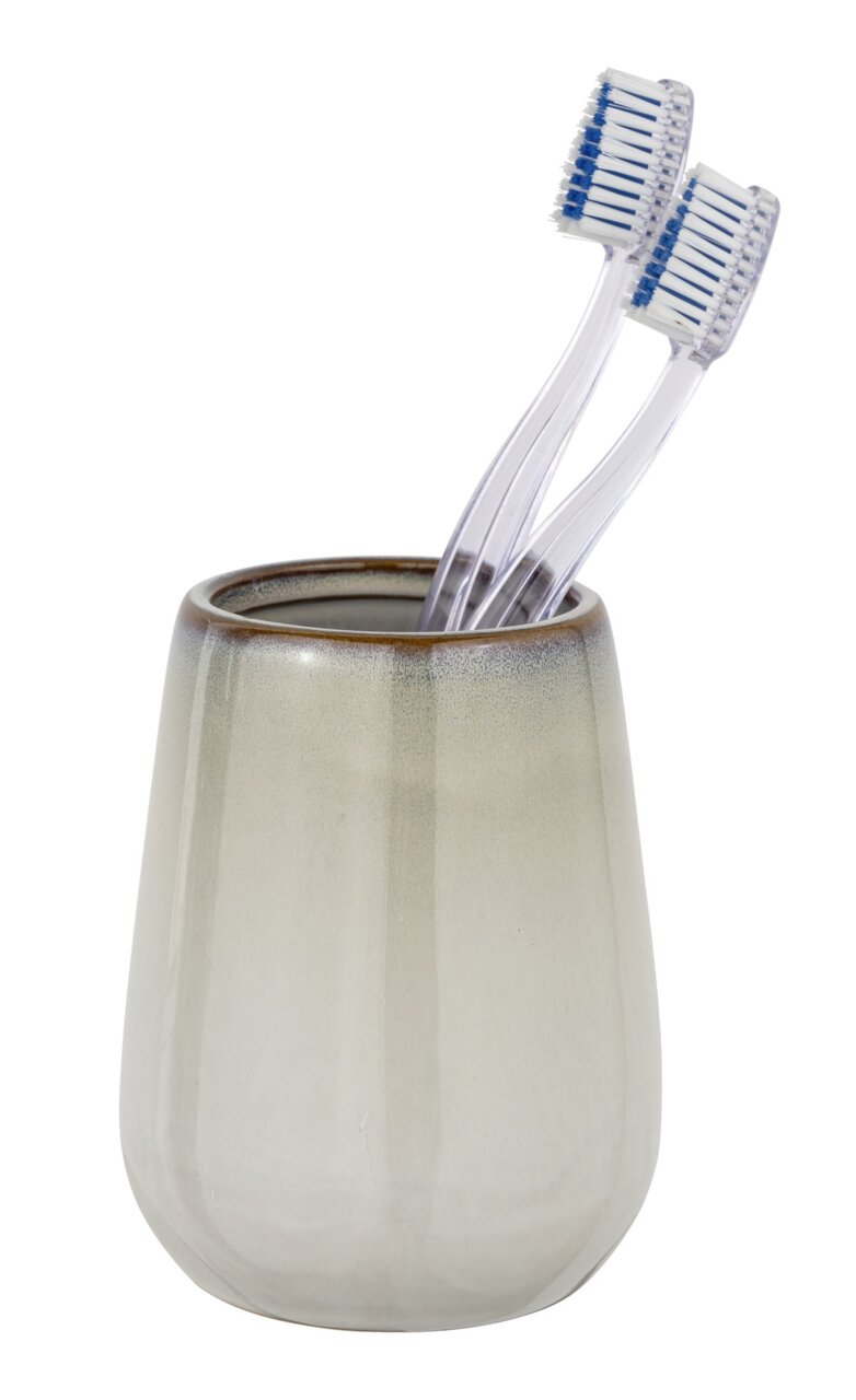 Keramik Zahnputzbecher Marano mit zwei Zahnbürsten, seitliche Perspektive