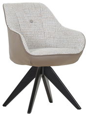 Moderner Armlehnstuhl mit gemustertem Stoffbezug und brauner Lederoptik, seitliche Perspektive