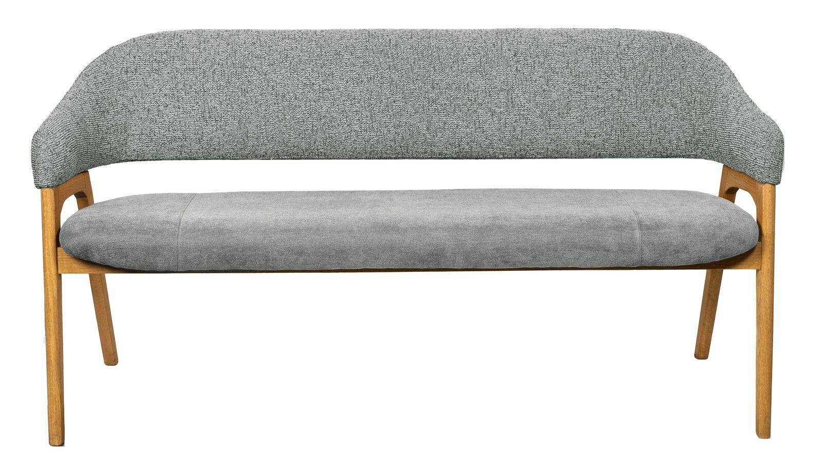Graue Sitzbank mit Holzbeinen, Vorderansicht