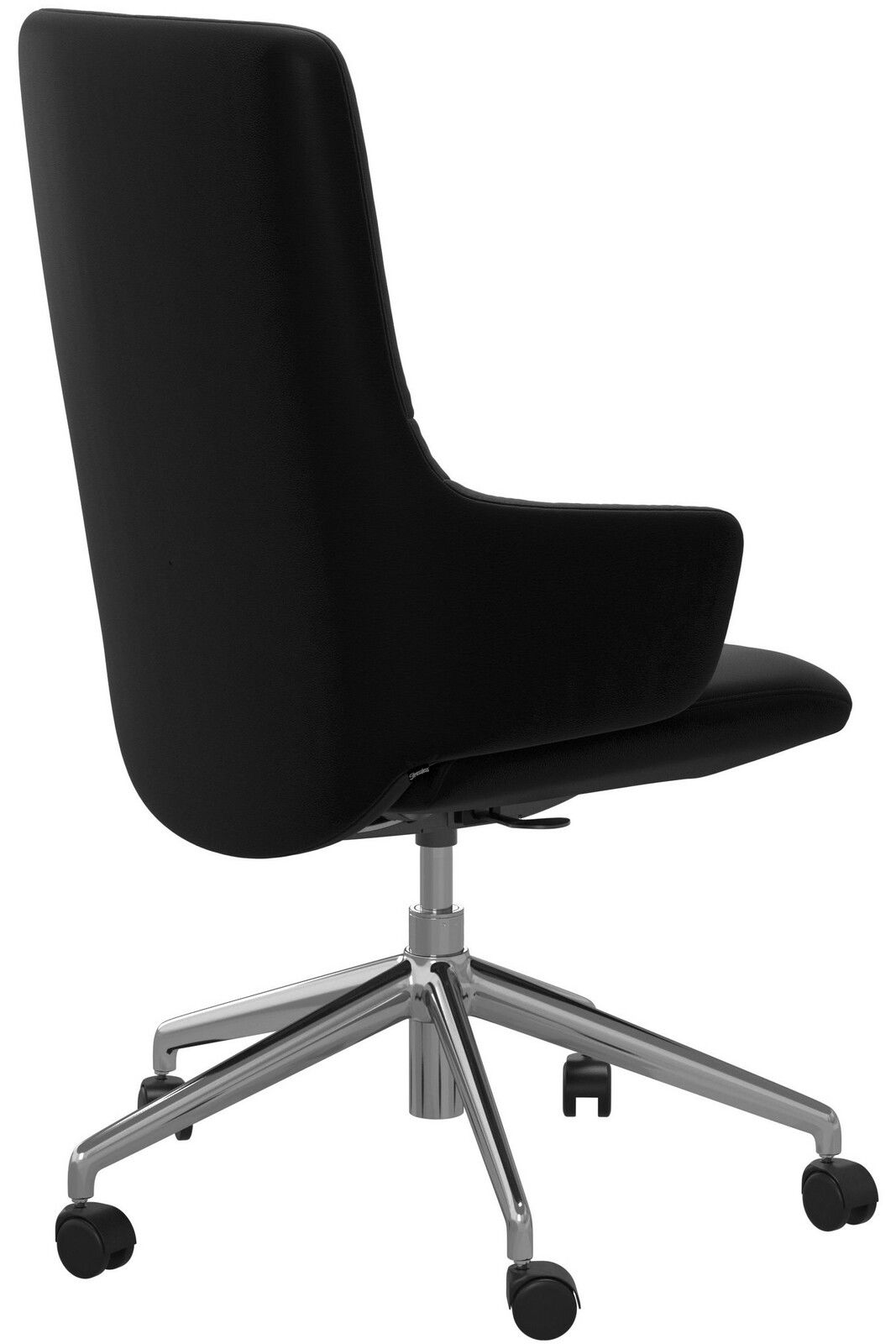 Schwarzer Drehstuhl mit hoher Rückenlehne, seitliche Perspektive, auf einem verchromten Fußkreuz mit Rollen.