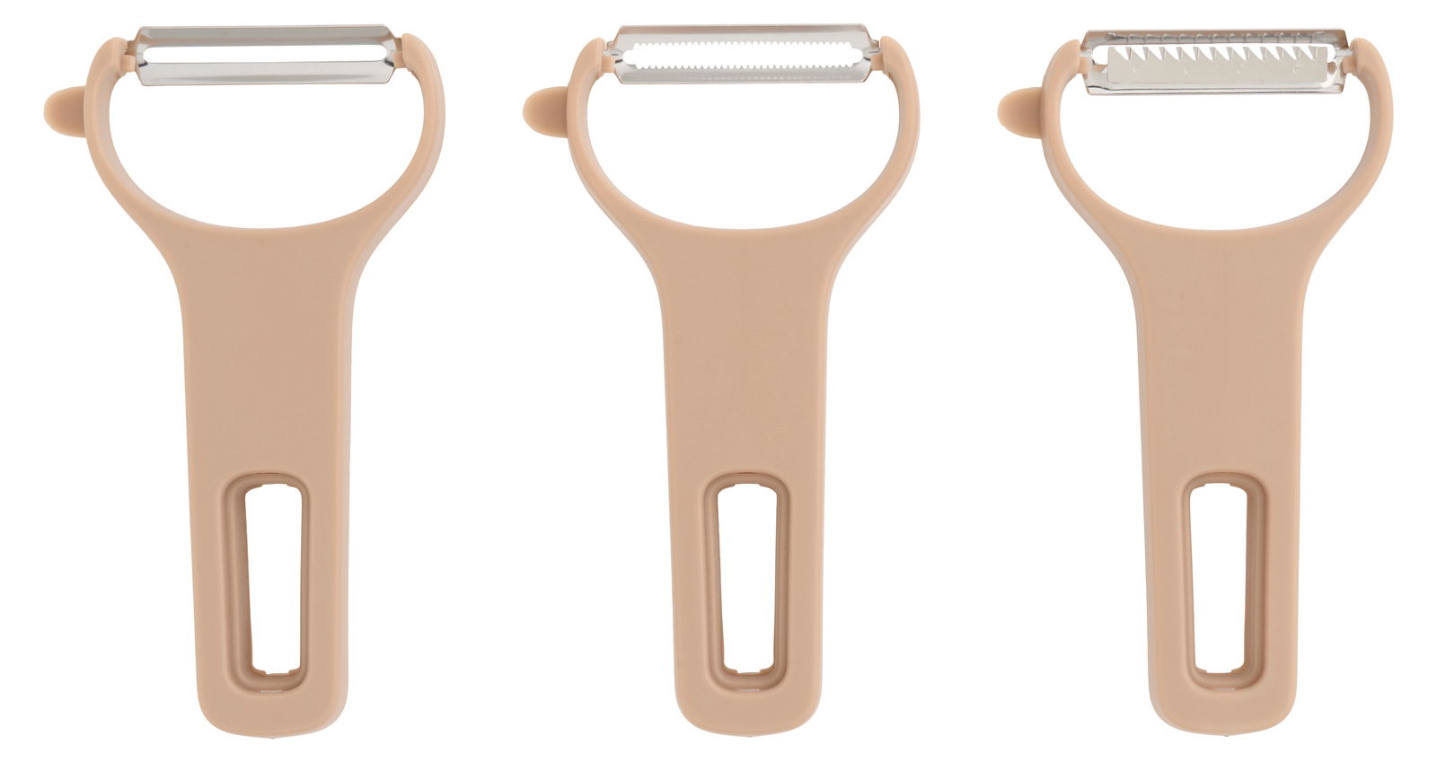 Day Schäler Set 3-tlg. Dreiteiliges Schälerset in beige, bestehend aus drei Schälern mit unterschiedlichen Klingen, frontal abgebildet.