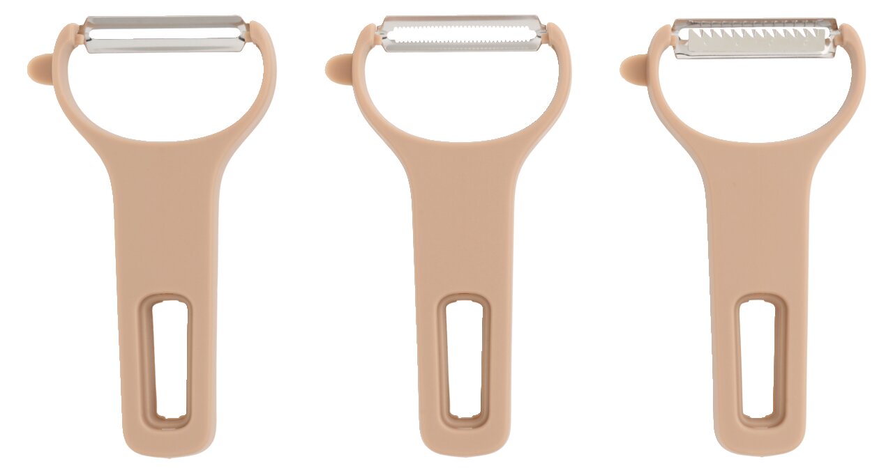 Dreiteiliges Schälerset in beige, bestehend aus drei Schälern mit unterschiedlichen Klingen, frontal abgebildet.