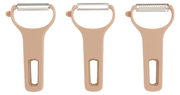 Dreiteiliges Schälerset in beige, bestehend aus drei Schälern mit unterschiedlichen Klingen, frontal abgebildet.