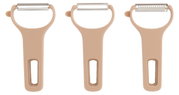 Dreiteiliges Schälerset in beige, bestehend aus drei Schälern mit unterschiedlichen Klingen, frontal abgebildet.