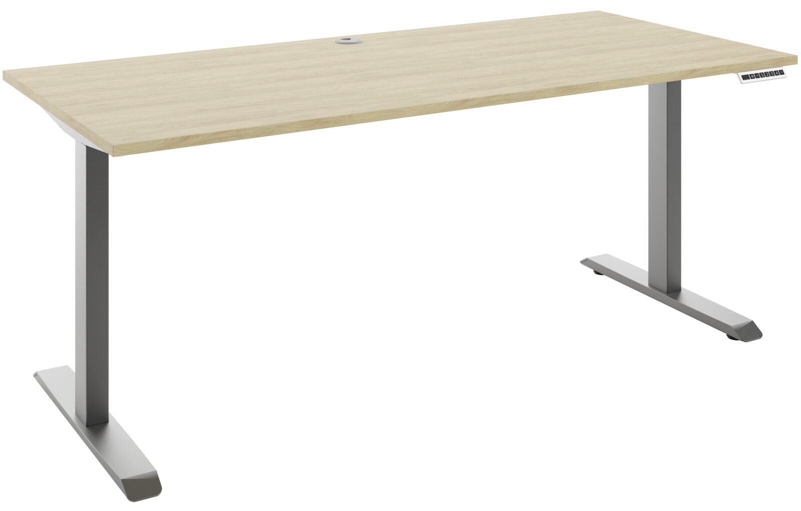 Moderner E-Schreibtisch mit Holzoberfläche und silbernen Metallbeinen, seitliche Perspektive