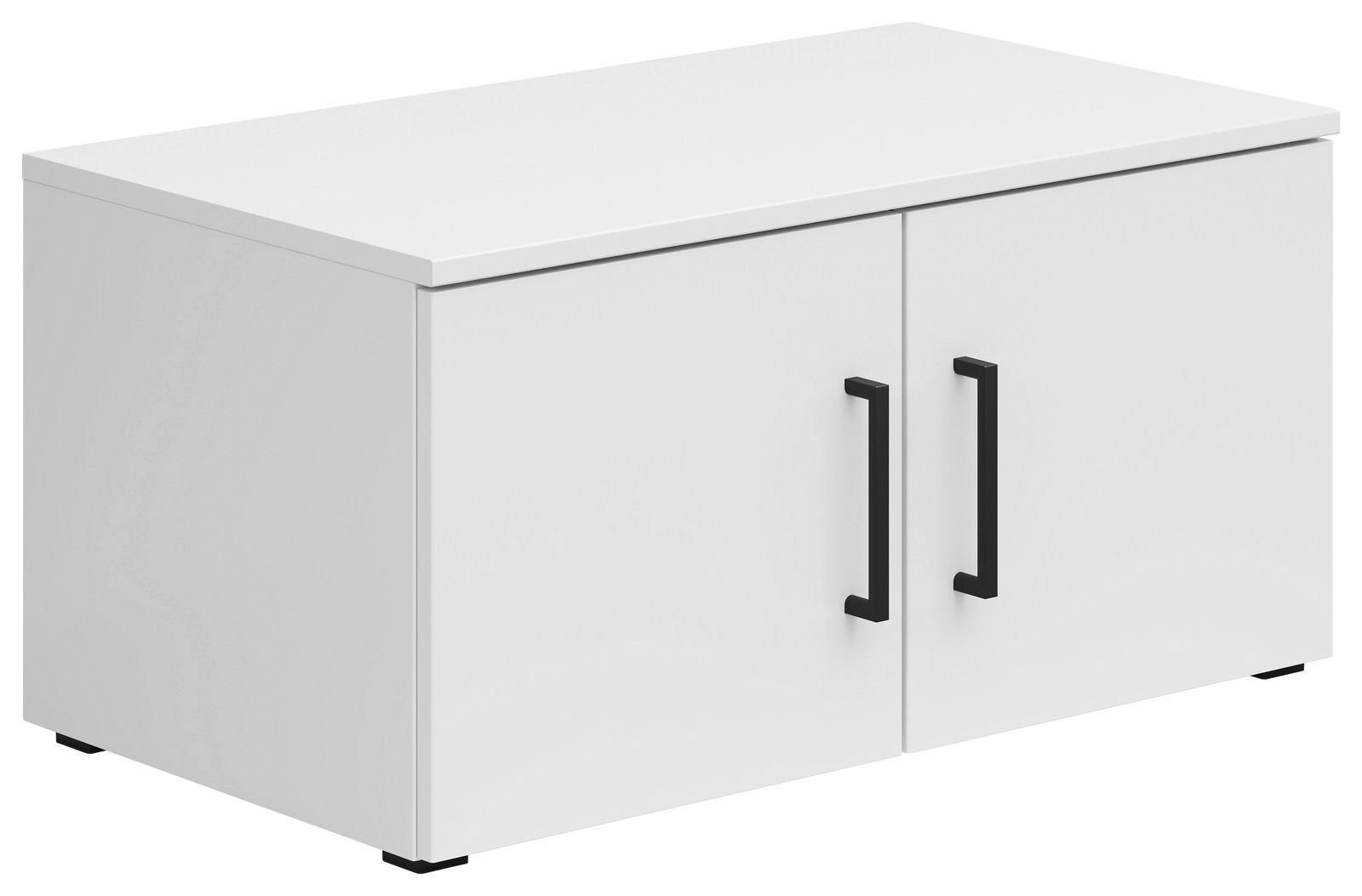 Carryhome Aufsatzschrank MULTISTAURAUM Weißer Aufsatzschrank mit zwei Türen und schwarzen Griffen, perspektivisch von vorne links gesehen.