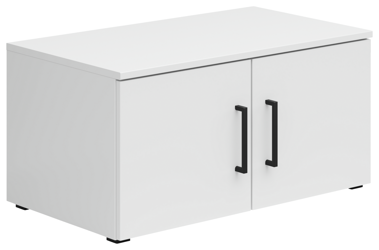 Carryhome Aufsatzschrank MULTISTAURAUM Weißer Aufsatzschrank mit zwei Türen und schwarzen Griffen, perspektivisch von vorne links gesehen.