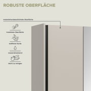 Nahaufnahme einer hellen, melaminharzbeschichteten Möbeloberfläche mit Tür-/Kanten-Detail aus schräger Vorderansicht; Hinweisgrafik zu robuster, kratzfester, stoßfester, wasserabweisender und leicht zu reinigender Oberfläche.