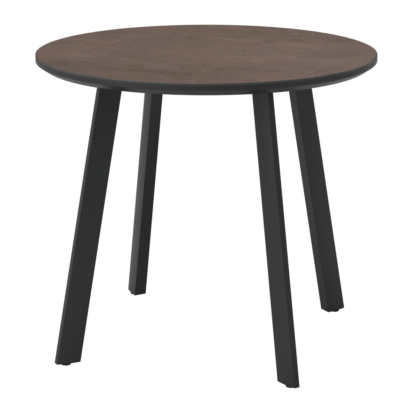 Runder Gartentisch mit brauner Tischplatte und schwarzen Beinen, seitliche Perspektive