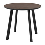 Runder Gartentisch mit brauner Tischplatte und schwarzen Beinen, seitliche Perspektive