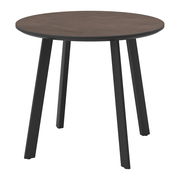 Runder Gartentisch mit brauner Tischplatte und schwarzen Beinen, seitliche Perspektive