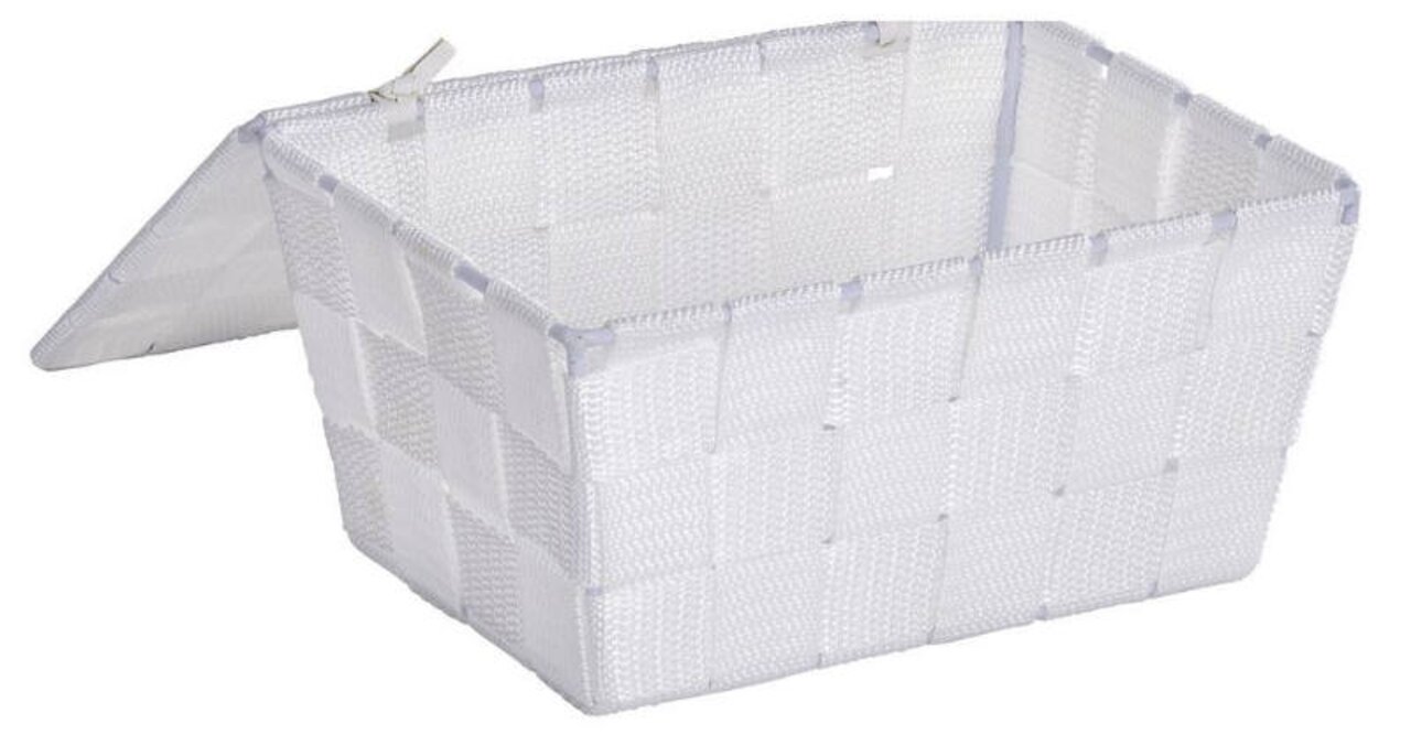 Weißer Badkorb mit Deckel, geöffnete Perspektive von schräg oben