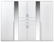 Weißer Kleiderschrank mit mehreren Türen und Schubladen, frontal betrachtet