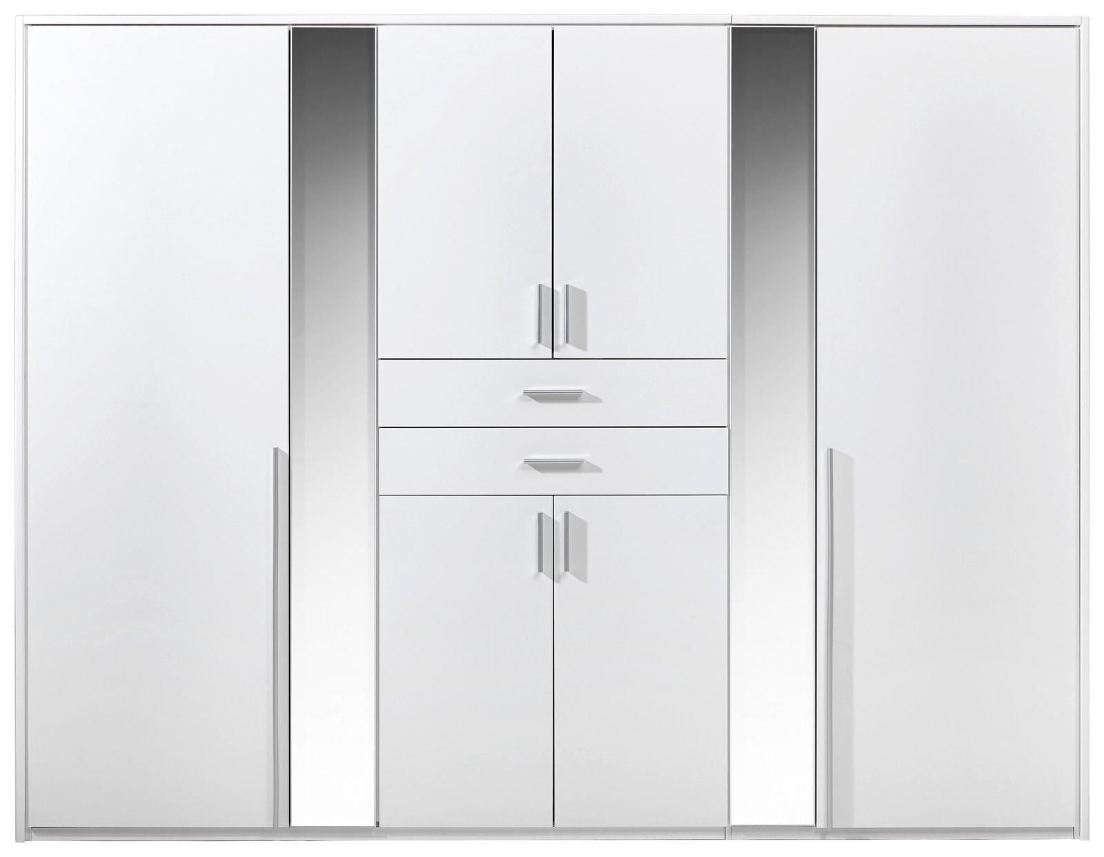 Weißer Kleiderschrank mit mehreren Türen und Schubladen, frontal betrachtet