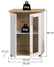 Vitrine mit zwei Glastüren, Holzoptik, Maße: 88 cm hoch, 64 cm breit, 37 cm tief, Frontansicht