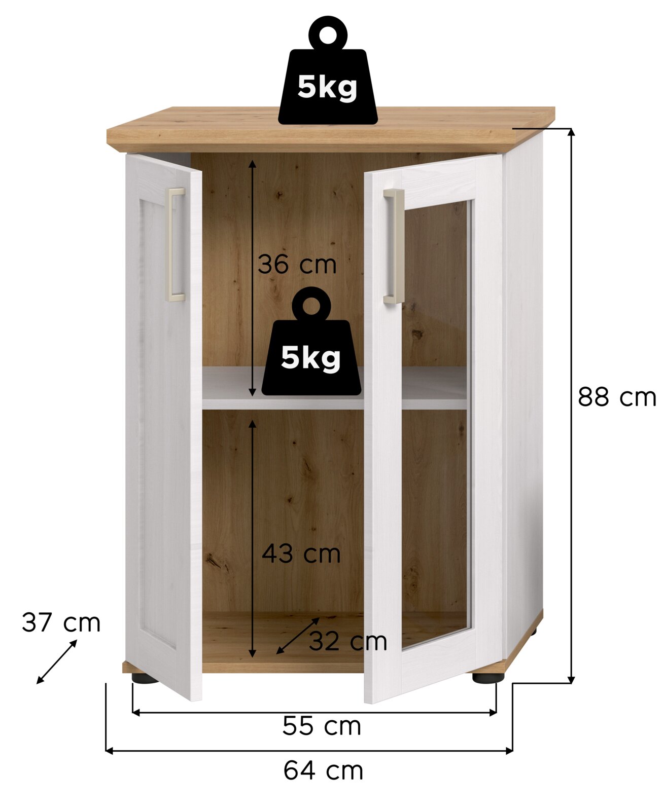 Vitrine mit zwei Glastüren, Holzoptik, Maße: 88 cm hoch, 64 cm breit, 37 cm tief, Frontansicht