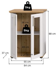 Vitrine mit zwei Glastüren, Holzoptik, Maße: 88 cm hoch, 64 cm breit, 37 cm tief, Frontansicht