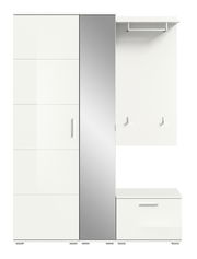 Garderobenkombination in Weiß mit Spiegel, Schrank und Haken, frontale Ansicht