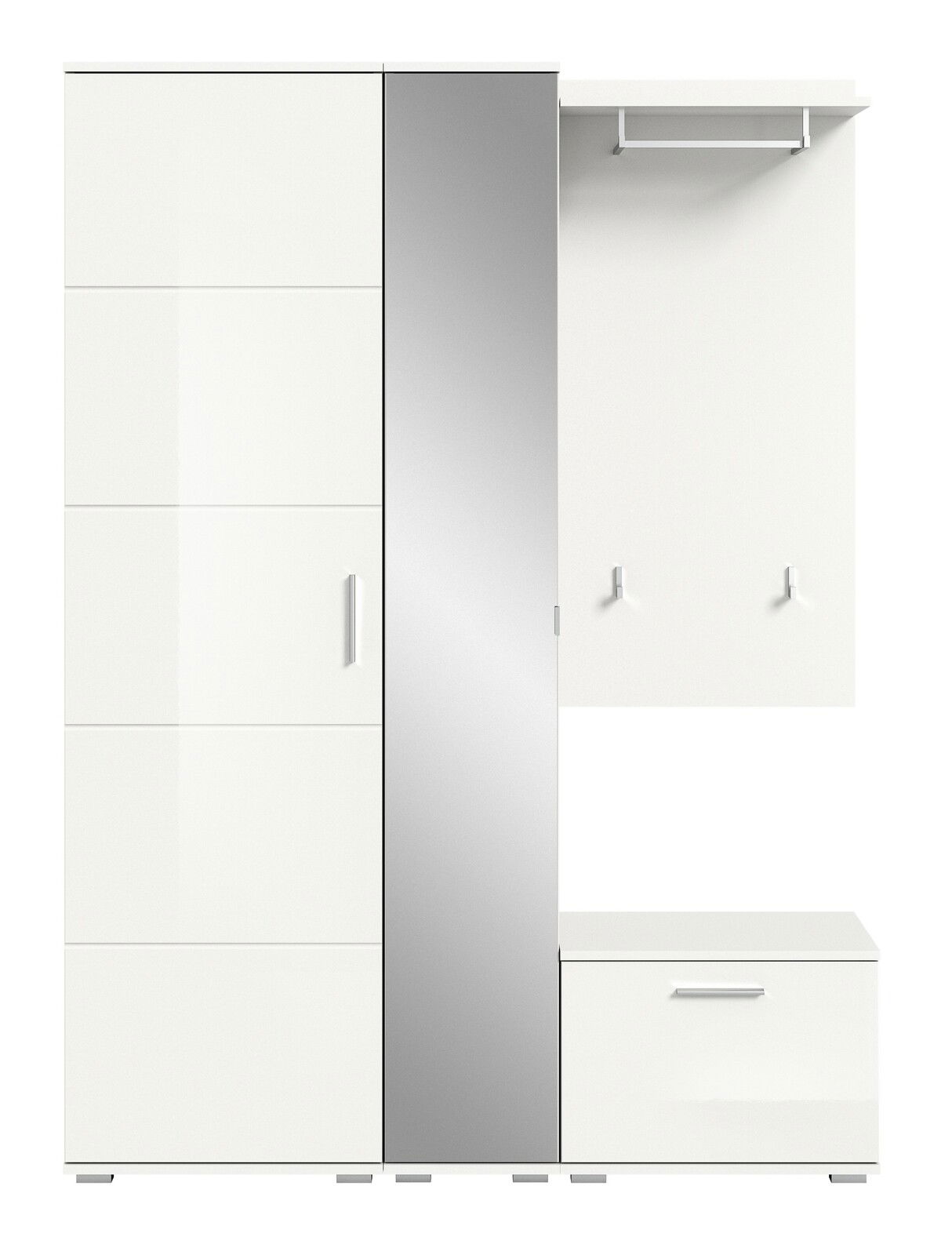 Garderobenkombination in Weiß mit Spiegel, Schrank und Haken, frontale Ansicht