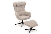 Beiger Relaxsessel mit Hocker, seitliche Perspektive