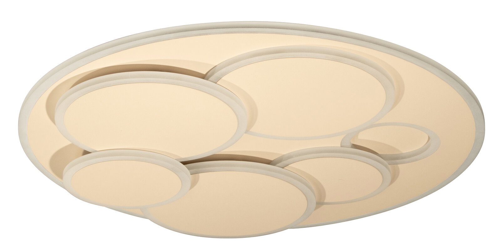 Fischer & Honsel LED-Deckenleuchte DOTS Runde LED-Deckenleuchte in Weiß mit überlappenden kreisförmigen Lichtflächen, warmweiß leuchtend, Ansicht schräg von unten