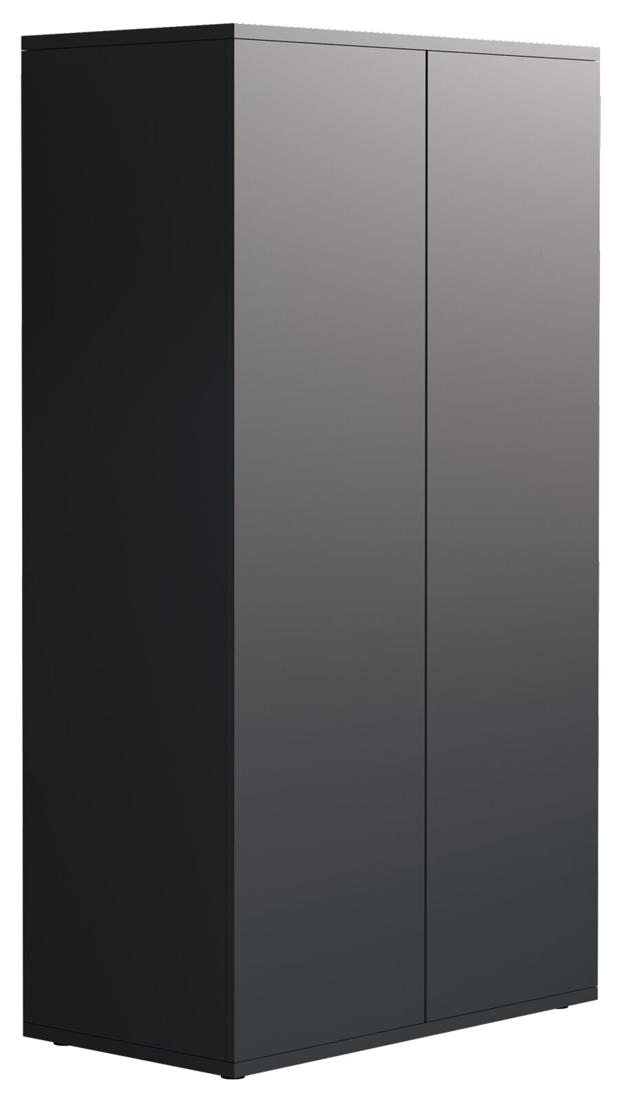 Zweiflügeliger, griff­loser Kleiderschrank in Anthrazit/Schwarz mit matter Oberfläche, freistehend, in 3/4-Ansicht von vorne links auf weißem Hintergrund