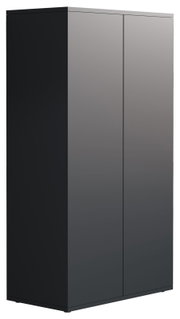 Zweiflügeliger, griff­loser Kleiderschrank in Anthrazit/Schwarz mit matter Oberfläche, freistehend, in 3/4-Ansicht von vorne links auf weißem Hintergrund