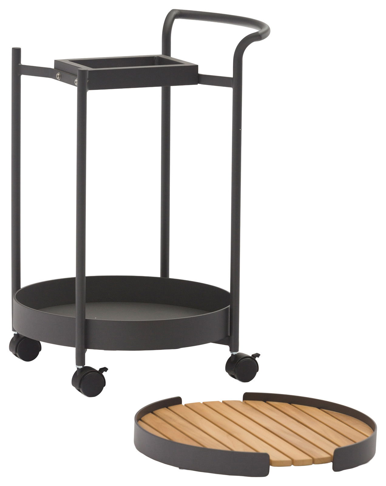 Zebra Beistelltisch TROLLEY Moderner Beistelltisch mit schwarzem Metallrahmen und abnehmbarem Holztablett, auf Rollen, seitliche Perspektive.