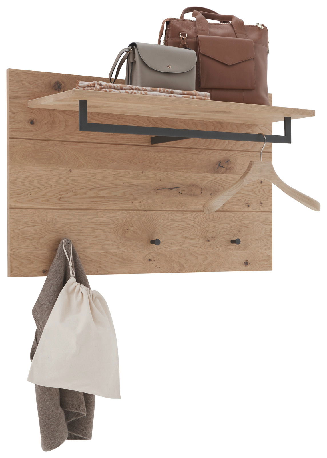 Garderobenpaneel aus Holz mit Ablage und Haken, seitliche Perspektive