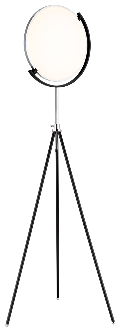 Moderne LED-Stehleuchte mit rundem Lampenschirm auf einem dreibeinigen Stativ, Frontalansicht