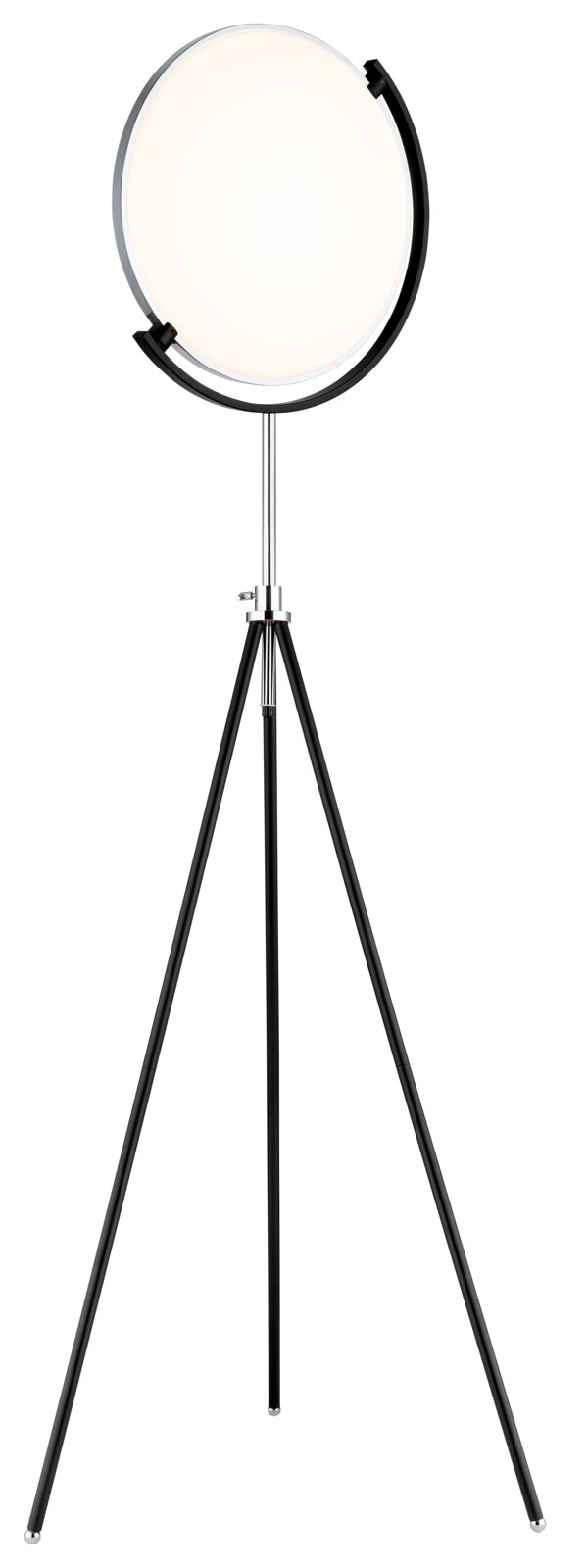 Moderne LED-Stehleuchte mit rundem Lampenschirm auf einem dreibeinigen Stativ, Frontalansicht