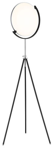 Moderne LED-Stehleuchte mit rundem Lampenschirm auf einem dreibeinigen Stativ, Frontalansicht