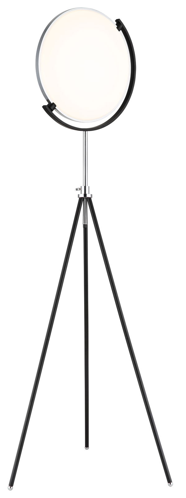 Moderne LED-Stehleuchte mit rundem Lampenschirm auf einem dreibeinigen Stativ, Frontalansicht