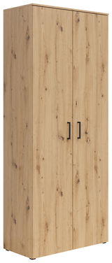 Mehrzweck-Vorratsschrank aus Holz mit zwei Türen und schwarzen Griffen, seitliche Perspektive